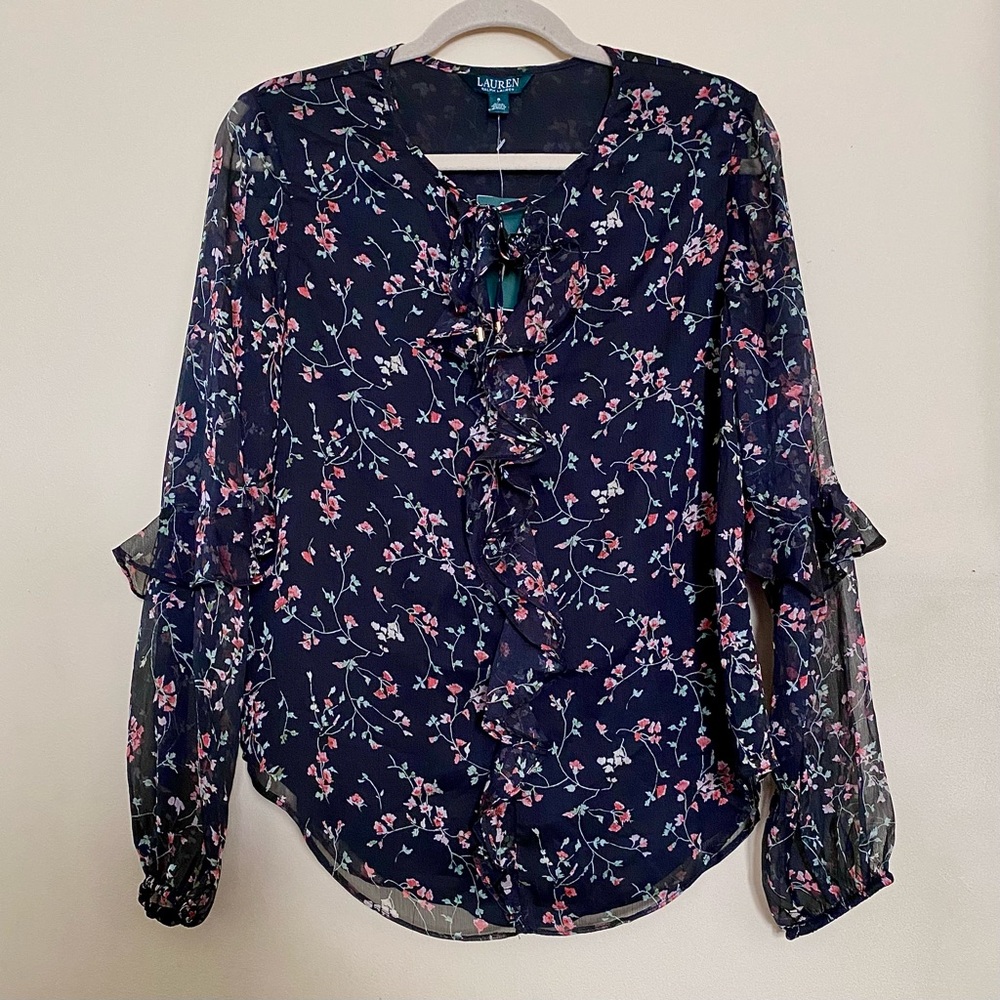 NWT Ralph Lauren SP19 Black Ruffle Floral Blouse MSRP $115